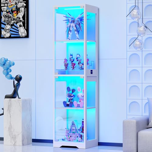 Image of BROTTAR Glass Display Cabinet, 4-Tier Curio Cabinets with 3 Color Lights for Collectibles, Storage Cabinet with Door, Glass Display Case & Bookcase with Human Body Sensor, White