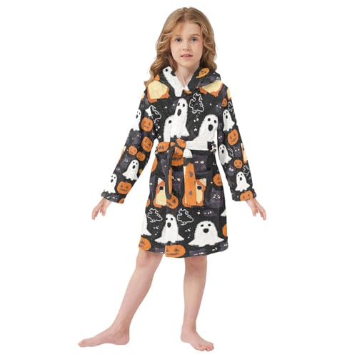 Bath Robe Kids Girls Black Background Cat and Owl Halloween Pattern Girls Robe With Hood2