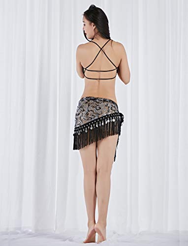 Women's Belly Dance Hip Scarf Tassels Fringed Sequins Scarf Performance Outfits Skirt Festival Clothing (Silver Coin, Black)4