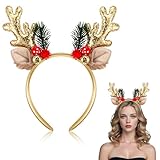 Lusofie Deer Antlers Headband For Christmas Costume Gold Glitter Christmas Headband With Bell Reindeer Antlers Headbands Adults Sequined Antler Headbands Xmas Hair Accessories