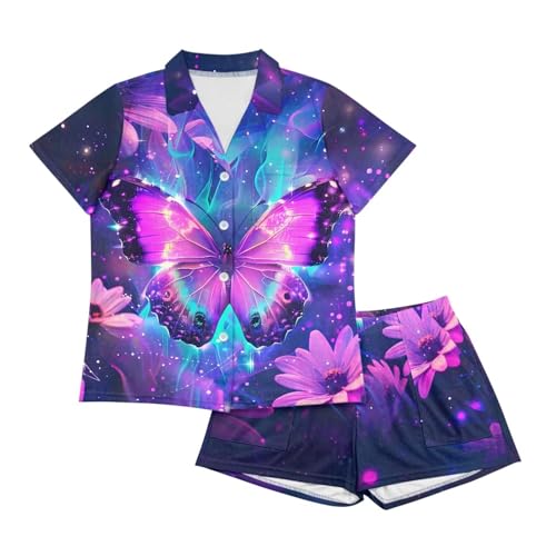 Image of Renewold Women's Short Sleeve Pajama Set Button Down Sleepwear with Notch Collar Soft Lounge Top and Shorts with Pockets