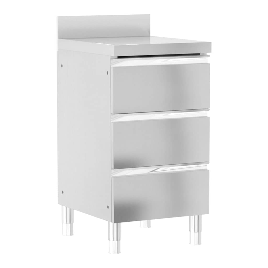 2 unidades de armarios de cocina comerciales de acero inoxidable para gastronomía, restaurante, cocina, comercio, catering, con cantos, patas ajustables, 3 cajones y fregadero para