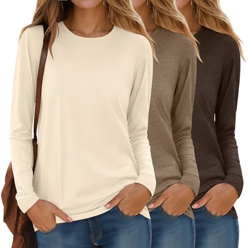 Ficerd 3 Pack Women's Long Sleeve T-Shirts Crew Neck Casual Loose Fit Tunic Fall Tops Regular Shoulder Basic Tee Outfits