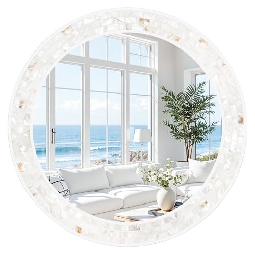 Tanmicoshomy Round Wall Mirror 28 Inch,Circle Mosaic Mirror with Natural