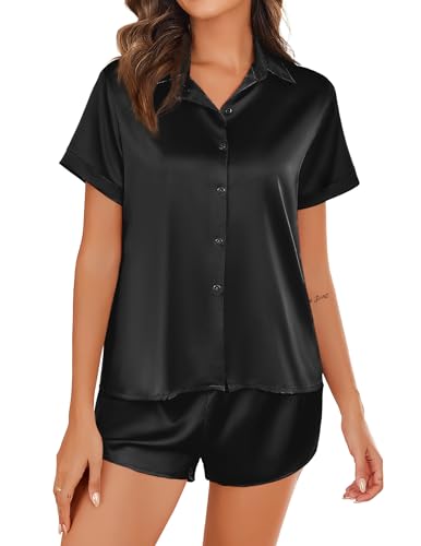 Ekouaer Silk Pajamas for Women Short Sleeve Satin Pajama Set 2 Piece Button Down Loungewear S-XXL
