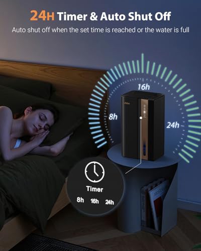 Image of UBBO 95oz Dehumidifiers for Home, 1000 Sq.Ft Dehumidifier with Drain Hose - Auto Shut Off, Timer, Sleep Mode & Drain Hose - 7 Color Light for Bedroom, Bathroom, RV - Black Gold