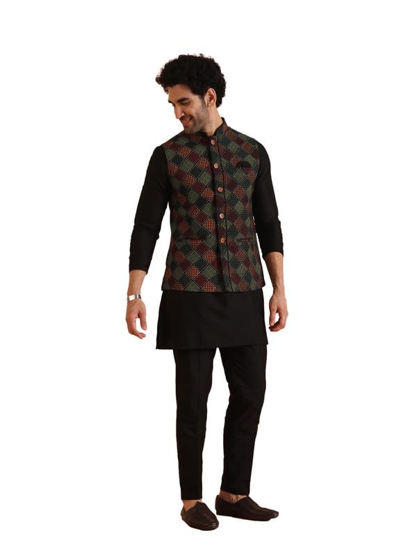 Kisah Cotton Blend Kurta Jacket Trouser Set For Men | Nehru Jacket Waistcoat Kurta Set With Trousers | Mens Ethnic Collections-Ka-0863-5207-T303-44-Multi