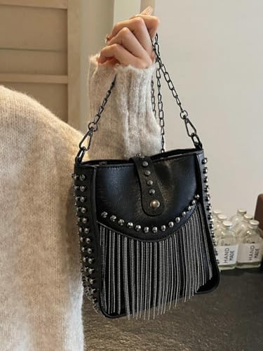 Rungion Trendy Small Purse for Women Vegan Leather Shoulder Crossbody Bag with Chain Y2k Tassel Rivet Handbag Satchels4