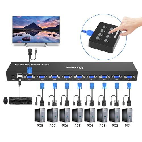 Yinker 8-Port USB VGA KVM Switch Rackmount - 8 KVM Cables + 3 USB Hubs + Wired Selector + Rack Ears for Server Room