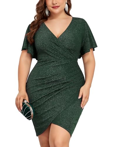 Image of ZOMVA Plus Size 0X-4X Sparkly Glitter Ruched Bodycon Mini Dress Sparkle Sequin Wrap Ruffle Sleeve Dress Cocktail Party Formal