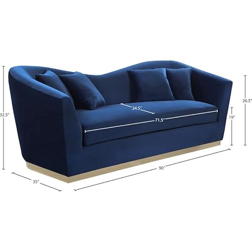 Meridian Furniture Arabella Collection Modern | Contemporary Velvet Upholstered Sofa With Rich Gold Stainless Steel Base, Navy, 90" W X 35" D X 32.5" H #TOP5