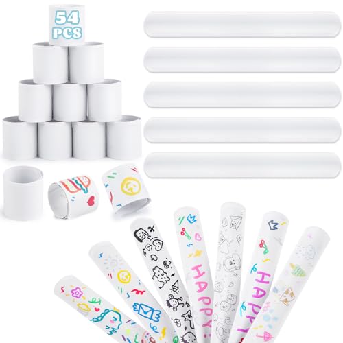 LovesTown 54PCS White Slap Bracelets DIY Snap Bracelets Bulk Crafts for Kids Party Favors Treat Bags Birthday Goodie Bag Stuffers Classroom Prizes