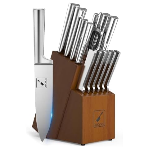 imarku Knife Set - Kitchen Knife Set 15 Pieces Japanese Stainless Steel Knife Block Set with Sharpener - Dishwasher Safe Kitchen Knives - Ultra Sharp Chef Knife Set for Kitchen, Silver Cover