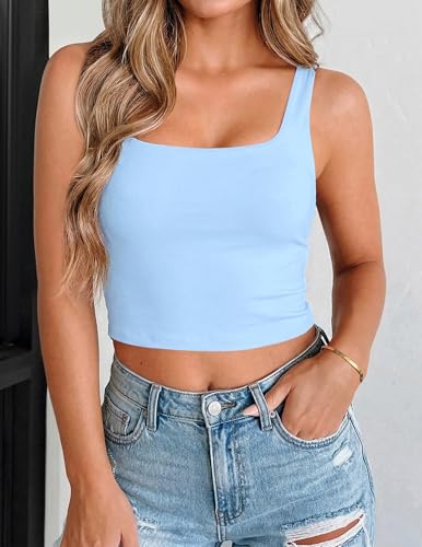 Zeagoo Women Square Neck Tank Tops Slim Fitted Cropped Top Basic Double Layering Sleeveless Shirts Light Blue - image 3