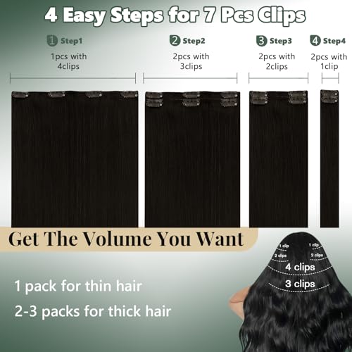 Image of Ugeat Clip in Extensions Real Human Hair Darkest Brown 18 Inch 7pcs 120g | Human Hair Extensions Clip ins , Clip on Extensions Human Hair Darkest Brown , for Daily
