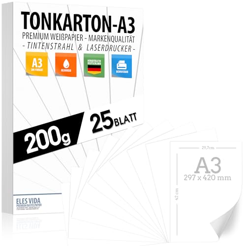 25 BLATT A3 Bastelkarton 200g/m weiß PREMIUM PAPIER Reinweiß - DIN A3-297x420 mm - Druckerpapier Weiss unbedruckt für Fotografie Präsentationen Basteln TONKARTON Karton - MADE IN GERMANY
