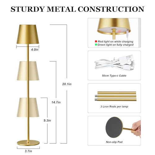 Image of Kakanuo 20 inch Cordless Table Lamp Rechargeable Gold - 2 Pack 5000mAH Battery Operated Lamp for Counter, 3 Color Stepless Dimming Wireless Lamp for Dining Kitchen, Outdoor Patio, Touch Control