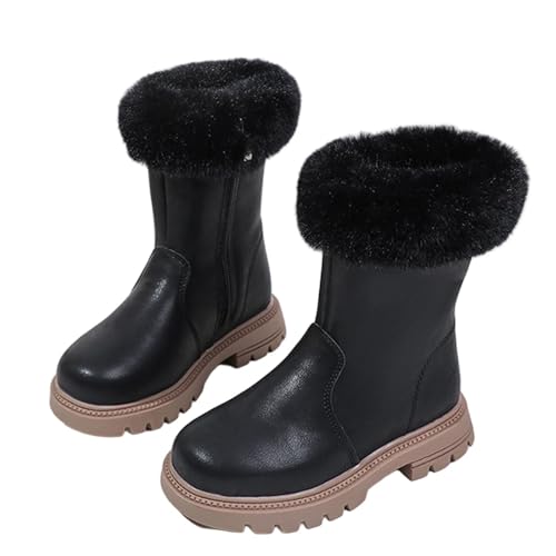Toddler Girls Mid-Tube Snow Boots Winter Thick-Sole Low Heeled Short Boots Plush Lined Warm Straight Booties Leather Waterproof Combat Boots
