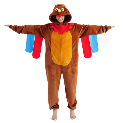 UiopSo Unisex Adult Turkey Onesie Pajamas Flannel Hooded Sleepwear Halloween Costumes Animal Cosplay Homewear (X-Large Turkey)