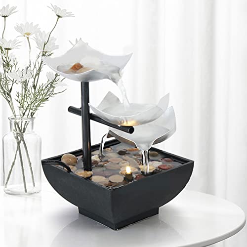 Tuzsocr Zimmerbrunnen 3 Ebenen, Tischbrunnen Wasserfall mit LED Beleuchtung, Moderne Zen Tischdekoration, Meditation & Entspannung, für Haus, Büro, Garten, Wohnzimmer,H 20 cm (Silber)