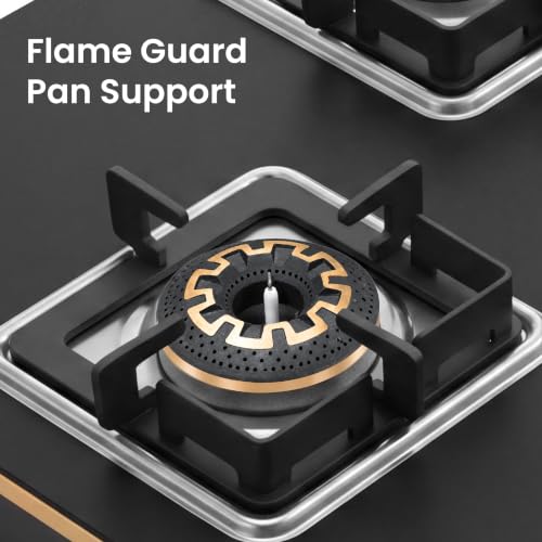 Image of Sunshine Shine Gold 4 Burner Gas Stove | Premium Glass Hob Top Cooktop | Auto Ignition | 10D Brass Burners | LPG & PNG Compatible | Golden Finish | 10 Year Glass & Burner Warranty | Black