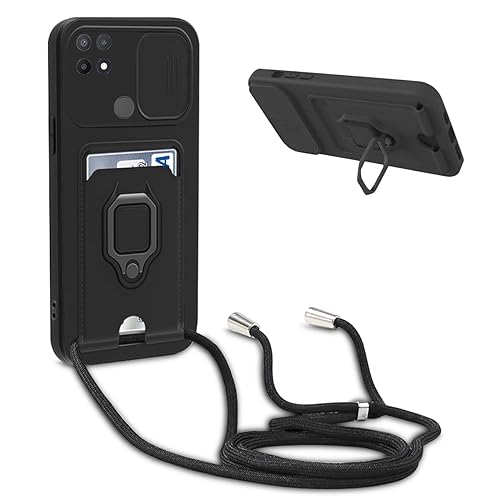 BGHHEU Funda Silicona con Cuerda para OPPO A15S / OPPO A15,Case con Ranura para Tarjetas,Cubierta de Cámara Deslizante Proteger,Ajustable Collar de Cuello Cadena con Anillo Soporte,Negro
