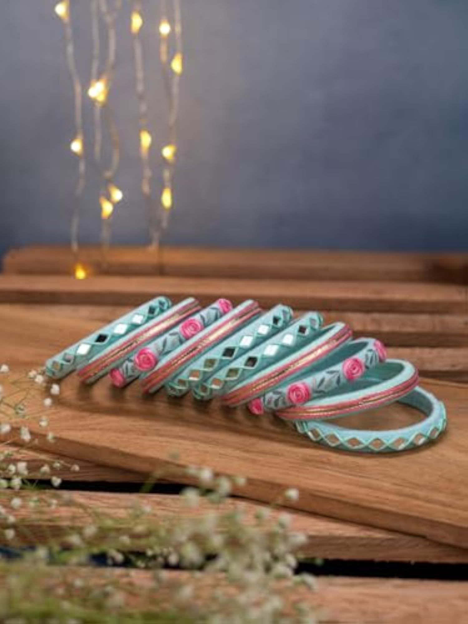 Myra Blue Pink Flower Work Bangles, Handcrafted Cotton Thread Bangle Set for Women & Girls
