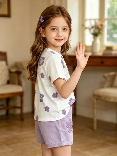 Image of Ayzozuy Kid Girl Clothes Shorts Set 2 Piece Outfits Summer Casual Short Sleeve Top and Shorts Set for Girls 4-7