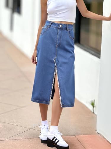 Jean Skirts for Women Denim High Waist Front Frayed Raw Hem A line Midi Knee Length Jean Skirt with Slit3
