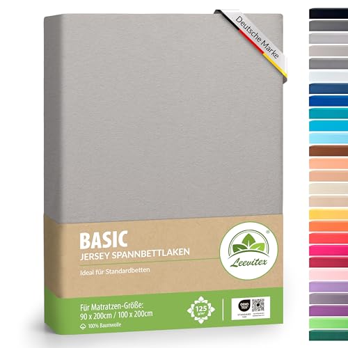 leevitex® Spannbettlaken 90x200cm - 100x200cm | Spannbetttuch Bettlaken | 100% Jersey Baumwolle | Matratzenhöhe bis 25 cm | Öko-Tex | Silbergrau