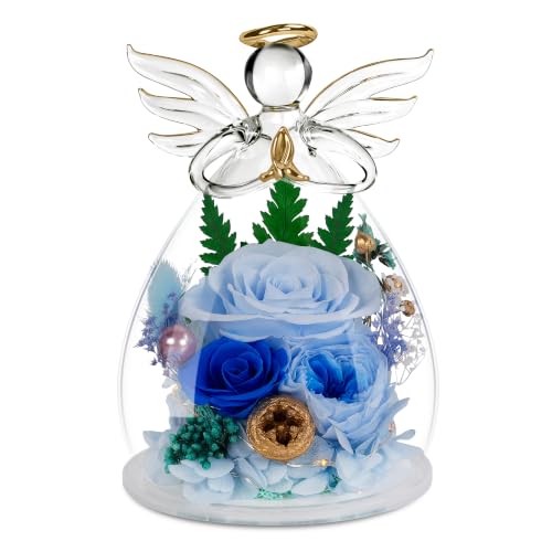 Image of encavy Birthday Gifts for Women,Fresh Flowers for Delivery,Preserved Rose Flowers in Angel Figurines,Light Up Blue Angel Real Rainbow Roses for Mom Grandma Wife Her Girlfriend Anniversary