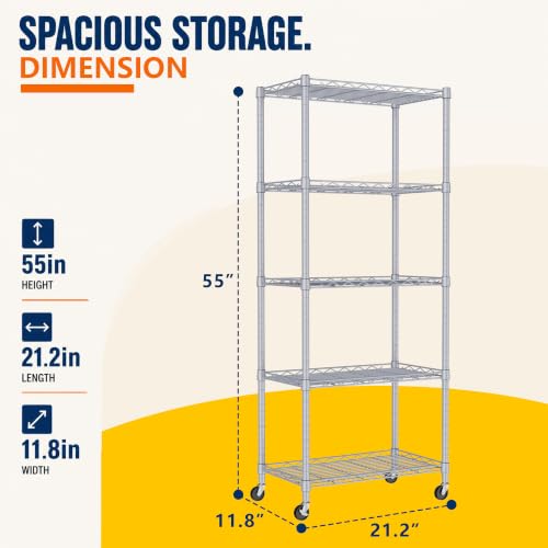 Image of REGILLER 5-Wire Shelving Metal Storage Rack Adjustable Shelves,Standing Storage Shelf Units for Laundry Bathroom Kitchen Pantry Closet(Silver,11.8 inch D x 21.2 inch W x 55 inch H,With Wheels)