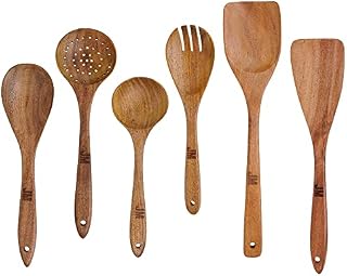 JOHN MOSES - Wooden Utensils Teak Cooking Utensils Set Nonstick Pan Kitchen Utensils Wooden Spatula, Spoon, Colander, Salad Fork for Cooking Set of 6