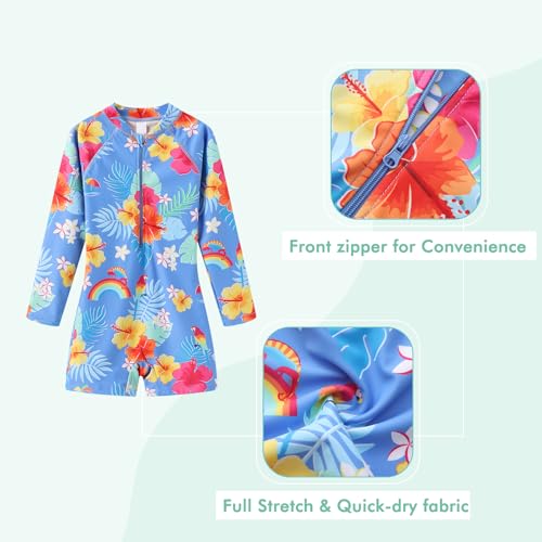 Image of Girls One Piece Swimsuits for Girls Long Sleeve Bathing Suit Sun Protection Rash Guard with Front Zipper 3-16 Years