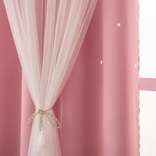 Image of Pink Curtain for Girls Room Blackout Drape 63 Inches Long Cute Star Cutout | Nursery Decor Double Layer Curtain Tulle Lace Single Panel Kids Thermal Insulate Bedroom Darkening Window Treatments Cortina