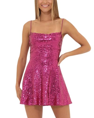 Yoisdtxc Robe courte à paillettes et sequins pour femme, robe brillante dos nu à fines bretelles, robe de cocktail, de plage et de rue, rose rouge, XL