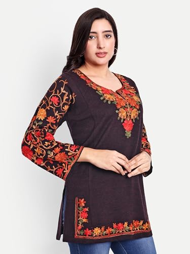 Image of HAUTEMODA Women Woollen Short Kashmiri Embroidery Phiran Kurta
