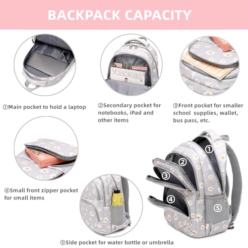 Daisy Kids Backpack for Girls, Multi Pocket School Bags with Lunch Box for Elementary, Teen Girls Bookbag Set4