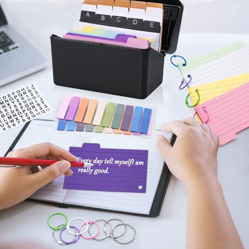 Gigmeta Karteikarten Box, Lernkarteibox mit 180 Bunten Verdickten Liniert Karteikarten, 15 Registern, 6 Ringen und 6 Aufklebern – Perfekt für Studium, Schule, College, Büro und Zuhause