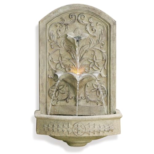 Takamota Vintage Wall-Mounted Outdoor Fountain, 28.3' H Resin Garden Water Feature with Floral Carving, Decorative Antique Wall Waterfall for Patio, Yard, Porch & Home Décor