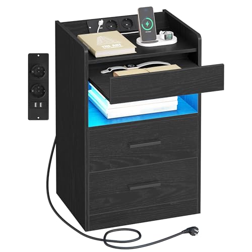 Hzuaneri Table de Chevet, Tables d’Appoint avec avec Compartiment caché, Table de Nuit connectée & Éclairage LED, 2 AC, 2 USB, pour Chambre, Salon, 35 x...