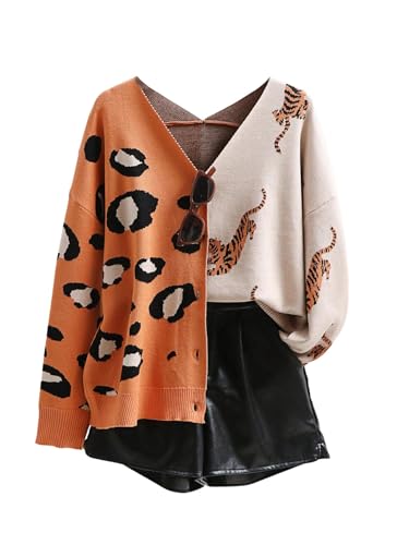 Leopard Cardigan for Women Tiger Print Button Down Color Block V Neck Sweaters Long Sleeve Lightweight Outwear