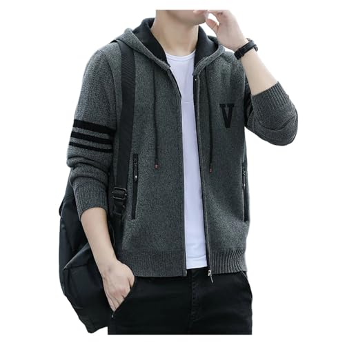 Mens Sweaters Jacket Knitted Fleece Lined Cardigan Winter Hooded Cardigans Casual Striped Coat