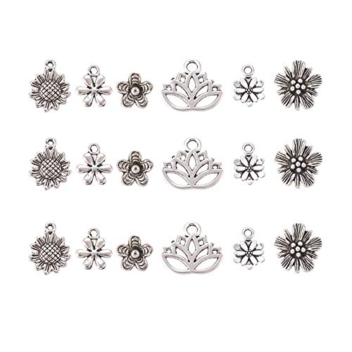 KISSITTY 135pcs/Box Antique Silver Blossom Flower Charms Collection 10-16x9.5-15mm Tibetan