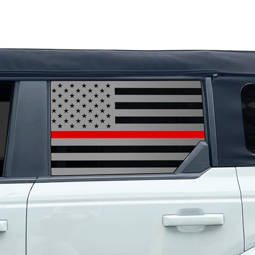 Image of BOGAR TECH DESIGNS Precut Rear Side Window American Flag Vinyl Decal Sticker Compatible with Ford Bronco 2021-2026, Thin Red Line