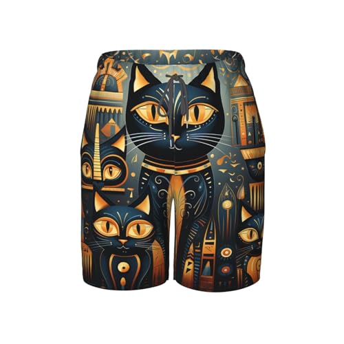 Funny Egyptian Cats Hieroglyphs Gold Black Boys Swim Trunks Swim Board for Teen Kid Shorts Surf Swimming Beach Trunks Medium