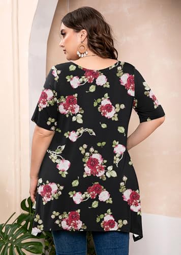 AusLook Plus Size Tops for Women Tunic Clothes Short Sleeve Midnight Red Rose Summer 2X Blouse Swing Tee Crewneck Clothing Flowy Shirts for Leggings — view 5