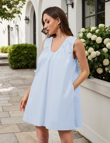 Image of OLAPTA Women Summer Sleeveless Babydoll Scoop Neck Ruched Mini Tank Dress with Pockets