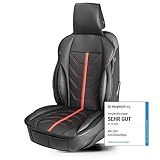 Exklusiver Autositz Schutz - Der Autositzschoner Vordersitz (Maße: 108 x 53 x 1,2 cm) ist aus besonders hochwertigem perforiertem, licht- und farbbeständigem Kunst Leder gefertigt. Die Car Seat Cover sehen nicht nur aus wie Sportsitze, sondern fühlen sich dank 7 mm Komfortfüllung und festen Seitenwangen auch wie Auto Sitzauflagen eines Formel 1 Autos an