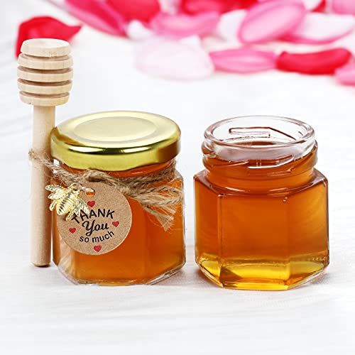 Yephets 48Pcs Honey Jars,Premium 1.5 Oz Hexagon Mini Glass Jar With Wood Dipper Gold Lid Bee Pendant Jute Rope Small Containers Bottles For Jam Candies Baby Shower Wedding Party Favors #TOP4